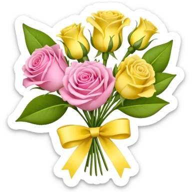 A mixed bouquet of four flowers, including pink roses and yellow lisianthus. sticker