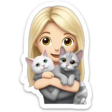 A blond whit hirl with one silver round glasess in her face is hugging one grey stripet cat and there ar alot of harts around them sticker