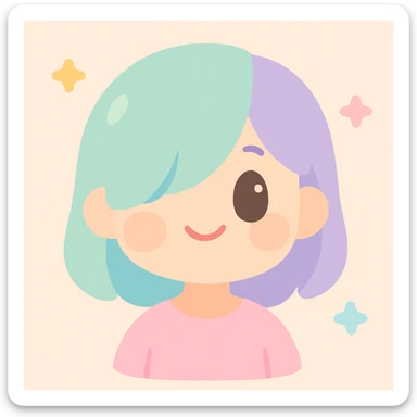 a girl smiling with her hair in bangs that covers one eye, visually appealing, cute illustration style, soft friendly modern cartoon style sticker