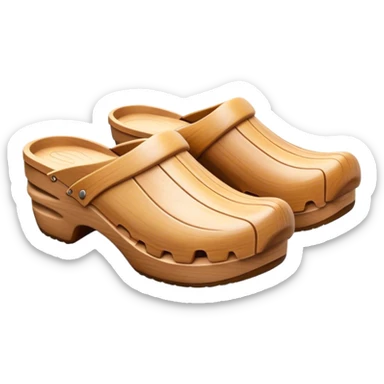Cinematic Realistic Wooden Clogs Emoji, depicting the classic handcrafted footwear with a smooth, curved design and sturdy wooden soles, rendered with rich textures and warm, natural lighting. sticker