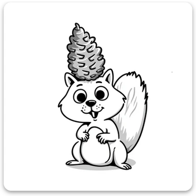 A greedy little squirrel with a large pine cone balanced on top of its head, making a strange, creepy expression sticker