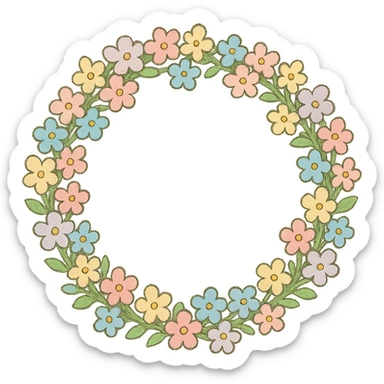 a floral wreath made of small pastel flowers, Japanese hand-drawn, full object, transparent background sticker