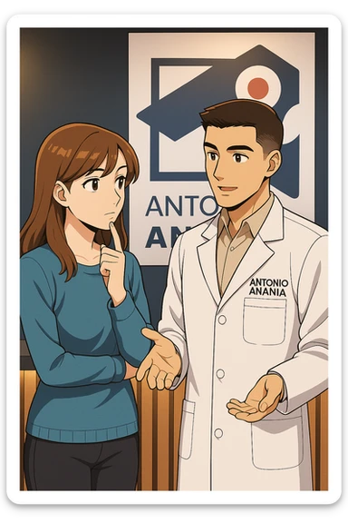 su questo stile fai un manga/webtoon a colori in cui una donna SI TOCCA IL MENTO CON L'INDICE MENTRE ASCOLTA PENSIEROSA L'UOMO, l'uomo della foto in stile manga LE SPIEGA CHE DEVE PROVARE LA SUA VALUTAZIONE MEDICA, mantieni un ambiente simile alla foto che ho allegato con il suo logo (sarebbe il suo studio, lui è un kinesiologo), scrivigli "ANTONIO ANANIA" sul camice bianco, non mettere fumetti, ma fai in modo che sembri che la donna ASCOLTI l'uomo sticker