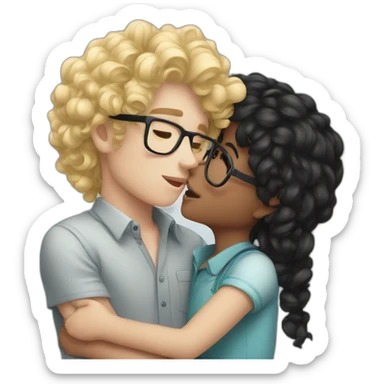 Boy curly blonde hair glasses kissing girl black hair sticker