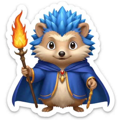 wizard hedgehog summons fire in one hand blue cape sticker