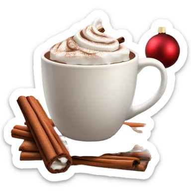 Christmas mug of hot chocolate with whipped cream and cinnamon sticker