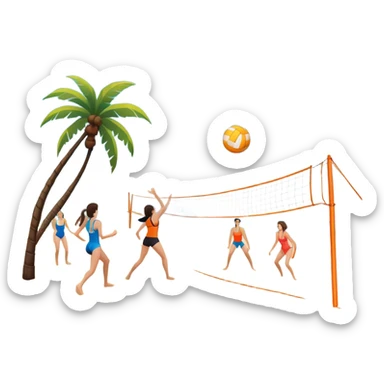 The scene captures a sunny sea beach atmosphere with clear blue sea and sky, palm trees swaying, and people in swimsuits enjoying the vibrant surroundings. A volleyball resting on the orange sand ground of a beach, with a volleyball net in the background.  sticker