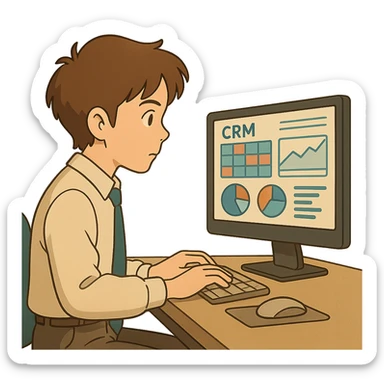 ghibli style office worker with brown hair, focused on CRM dashboard on screen sticker