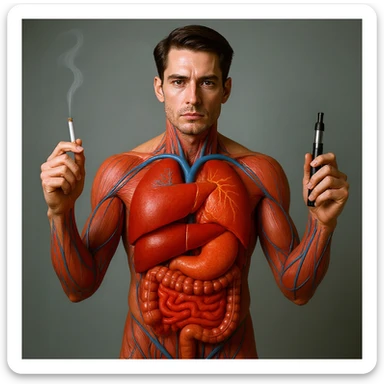 Hyperrealistic 4K vertical 9:16 medical illustration, realistic human anatomical body, inflamed liver and intestines highlighted, man holding a lit cigarette in the right hand and an electronic cigarette in the left, style identical to the reference image. sticker