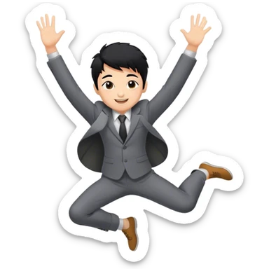 A business man boy who is happy and jumping high with hands up and hurray with black grey suit sticker