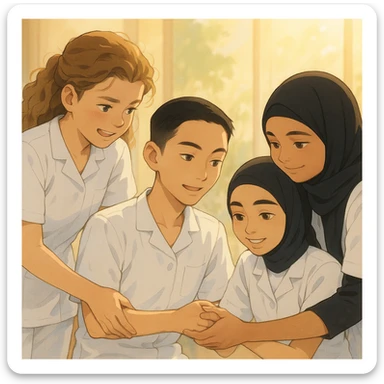 Four nursing students inspired by the faces in the four photos, wearing complete white short-sleeve uniforms (arms visible), no stethoscope, helping each other, in a warm and caring Ghibli style atmosphere with a soft and bright background. sticker