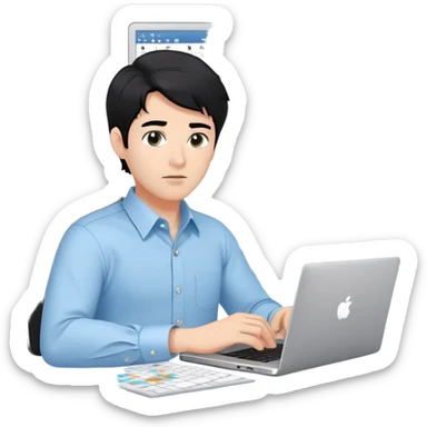 Gender: Male Hair: Black side-parted短发 with natural waves Face: Monolid eyes slightly narrowed, neutral lips Clothes: Crisp light-blue dress shirt, silver wristwatch Action: Typing on laptop with Excel charts on screen sticker