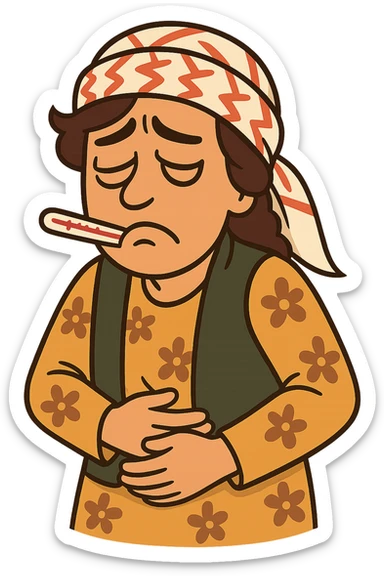 Kurdish sticker, cartoon style, Kurdish man or woman in jamadani, feeling sick, holding stomach or with a thermometer, sad face, no text sticker