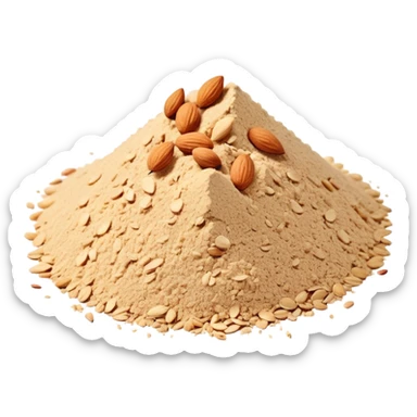 mound of almond powder, light beige, fine and grainy, dry uneven surface, some crumbs at the base, natural and unprocessed, no clumps or gloss, clean style sticker