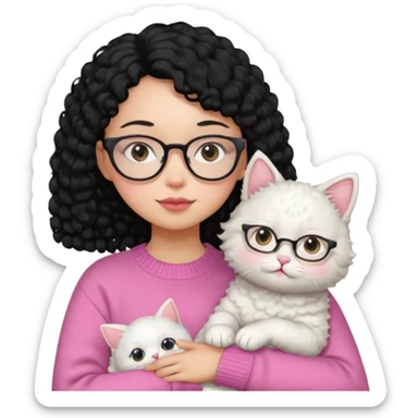 a girl with a black perm hair, wearing a pink sweater and glasses, holding a cute white cat, only upper body sticker