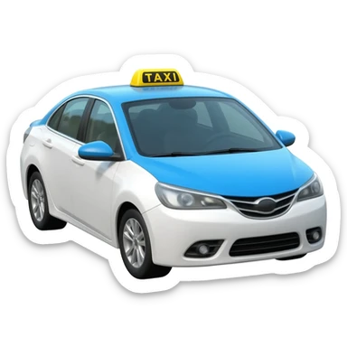 A small white  taxi car with a bright blue roof and white side panels, yellow taxi sign on top,  modern sedan design, black tires, silver rims, front three-quarter view, soft shading, sticker