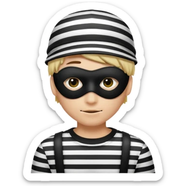 Realistic ios emoji-style portrait of a classic burglar, a black eye mask and a black-and-white striped shirt. Highly detailed, natural skin texture, soft cinematic lighting, realistic shadows, smooth gradients, clean outline, glossy reflections in the eyes. emoji-like hair, burglar’s hat  sticker