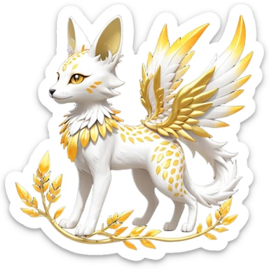 Epic complex fantasy glorious detailed futuristic divine godly angelic feathery sunny, white, albino, pastel, golden, orange glowing sparkly, realistic Fakémon-Sprigatito-Floragato-Meowscarada-Trico-Sergal-Serval-Solgaleo-Vernid-creature (full body) solarpunk, shiny sparkly with a gold laurel sticker