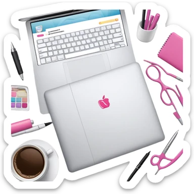 top view of a MacBook with a beauty salon logo on the screen, a notebook with one page filled with notes, and a pen laying on the notebook sticker