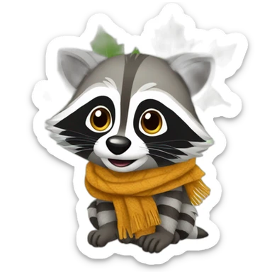 Racoon with scarf with mapple tree leave sticker