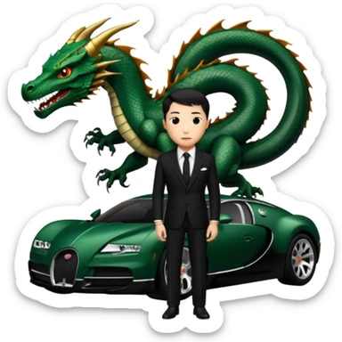 mysterious scenery: green audemars piguet watch (without text), black bugatti, and a dark green dragon, and a mysterious chinese agent from The Matrix with his eyes censored sticker
