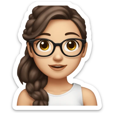 a beautiful girl, cute girl, pink cheeks, dark brown hair, cute face, pink cheeks, hazel eyes, long hair, smiling, hearts on side, emoji, glasses, white skin, black glasses, eyes half closed, sticker