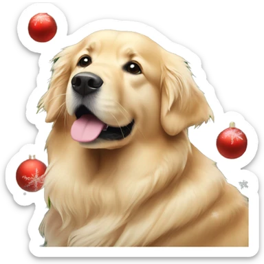 golden retriever next to a christmas tree with snowflakes falling sticker