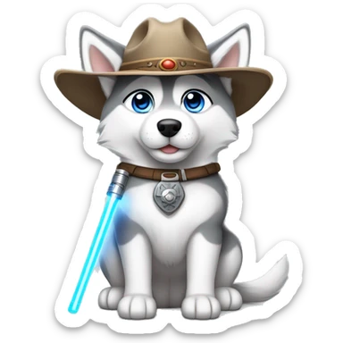 Gray Siberian Husky with blue eyes puppy wearing a cowboy hat dressed in Jedi clothing holding a lightsaber  sticker