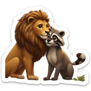 a lion and a raccoon embracing while a sunset is in the background sticker