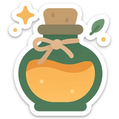 "A cute potion bottle with a whimsical and cozy design, featuring soft and warm colors: golden orange (FA9B41), deep forest green (4A7C5C), muted taupe brown (96775A), and pastel peach (FFCC9A). The bottle is small, round, and slightly vintage in style, with a cork stopper and a delicate ribbon tied around its neck. The potion inside glows faintly with a peachy-orange hue. Surroundings include soft lighting and a magical atmosphere, possibly with sparkles or tiny floating leaves, emphasizing a warm and enchanting mood. The style is charming, storybook-like, and detailed sticker