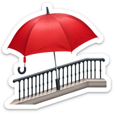 Red umbrella on stair railing, Lost Umbrella. sticker