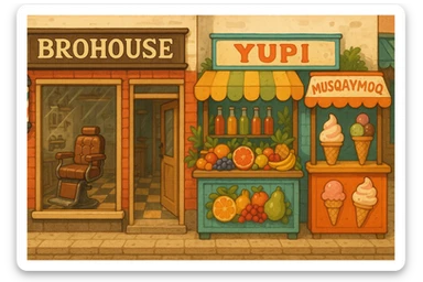 brohouse sartarosh xonasini chizib ber tashqaridan va uning yonida yupi va musqaymoq sotadigan lavkalar bulsin sticker