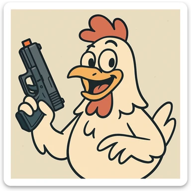 cartoon chicken holding a Glock-style toy gun with an orange safety tip, playful and non-violent, bright colors, fun expression sticker
