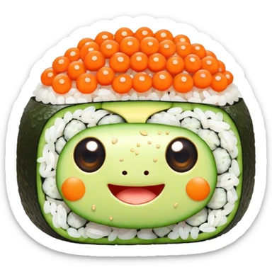 Cute Kawaii California Roll, tiny and round, cute layers of avocado, crab, and cucumber, wrapped in bright orange fish roe, a joyful winking face, tiny sesame seed freckles! sticker