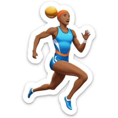 An icon showcasing various disciplines of track and field in one scene: a sprinter in full speed, a high jumper soaring over the bar, a long jumper taking off, and a discus thrower in motion. The background features a vibrant stadium with cheering crowds, bright lights, and a clear sky.  sticker