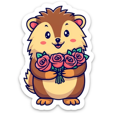 hedgehog with a bouquet of roses sticker