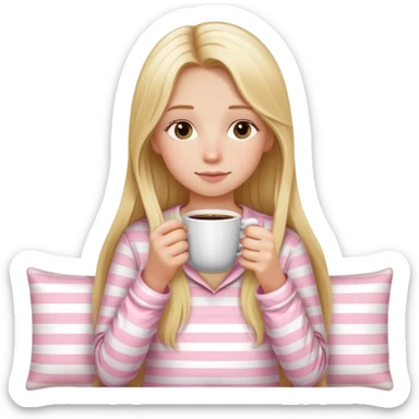girl with long blonde hair sipping coffee wearing light pink striped pajamas  sticker