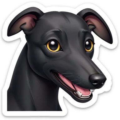 Cinematic Comical Black Greyhound Portrait Emoji, Head tilted dramatically with an exaggeratedly amused expression, featuring a glossy jet-black Fur and wide, expressive dark eyes filled with playful disbelief, Simplified yet hilariously expressive features, highly detailed, glowing with a slightly sassy glow, high shine, dramatic yet playful, stylized with an air of cheeky mischief, bright and endearing, soft glowing outline, capturing the essence of a spirited and over-the-top racer, so meme-worthy it feels like it could side-eye its way into internet fame instantly! sticker