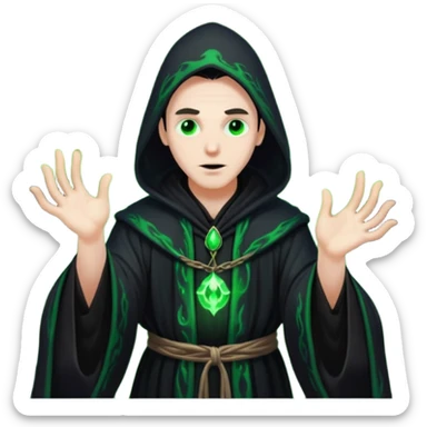 A dark sorcerer in flowing black robes, conjuring eerie green flames sticker