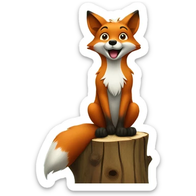 A singing fox sitting on a tree stump raising one paw sticker