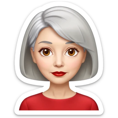 Elegant senior woman with silver-gray bob haircut, light skin, almond-shaped hazel eyes, red lipstick, wearing a red blouse, sophisticated expression sticker