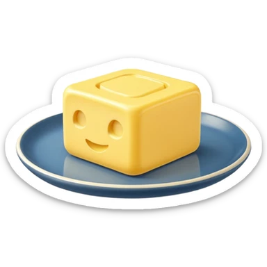 A 3D cartoon yellow butter block on a dish with soft light, Memoji-style realism. sticker