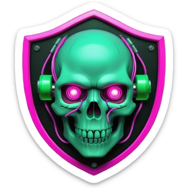 Cyberpunk shield, skull with cybernetic implants, glowing wires, dark electric pink and grenn, black tones, no background sticker