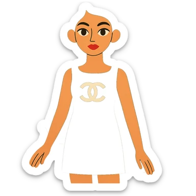 light skin girl with very long black curly hair, brown eyes, black Chanel dress sticker