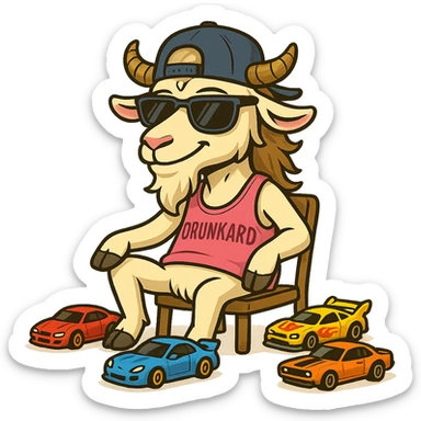 goat for Telegram stickers inspired by reference https://attic.sh/feoducyurkpqwz0la088soao98sx: wearing a cap, glasses, mullet hairstyle, pink drunkard tank top, sitting on a chair, with hot wheels cars sticker