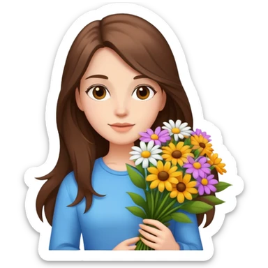 Cool girl with long brown hair and fair skin holding a bouquet of flowers sticker