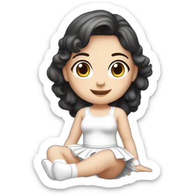 Front view curvy caucasian beauty sitting straight hands up black skirt white knickers white socks sticker