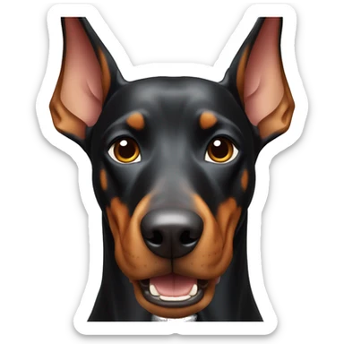 Doberman with pointed ears with a dog bowl in its mouth sticker