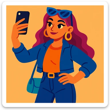 influencer girl, modern, stylish, holding a smartphone, selfie pose, casual fashion, vibrant colors, cartoon style sticker