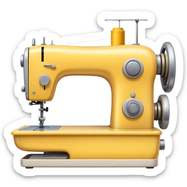 Emoji of a modern sewing machine inspired by a Brother machine. Soft, rounded shapes in the style of Apple emojis, with subtle gradients and soft shadows. White body, a yellow spool on top sticker